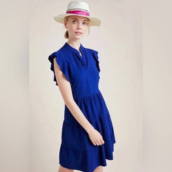 Anthropologie Blue Texture Linen Blend Flutter Sleeve Amadi Adler Tunic Dress XS - Picture 1 of 12